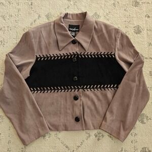 VTG Western Shacket Button Up Blazer Women's 14 Tan Black Neutral Faux Suede EUC